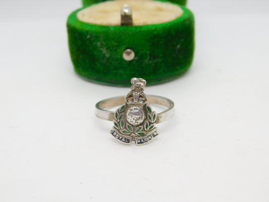 WWII Sterling Silver Enamel Royal Marines Sweetheart Ring Antique c1940