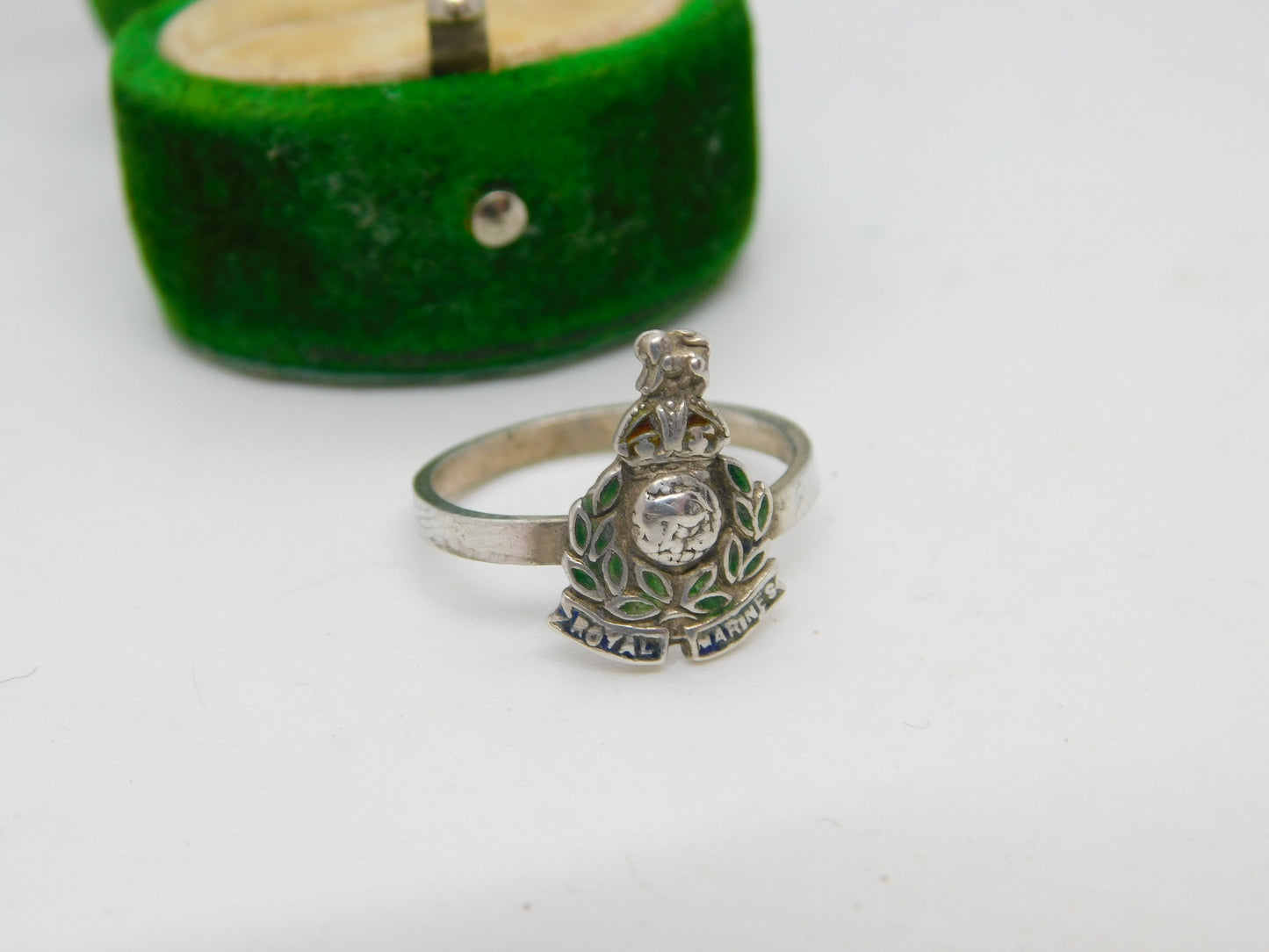 WWII Sterling Silver Enamel Royal Marines Sweetheart Ring Antique c1940