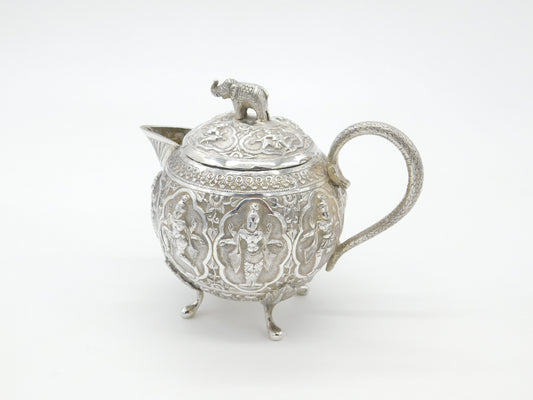 Indian Kutch Sterling Silver Elephant & God Form Bullet Teapot Antique c1880