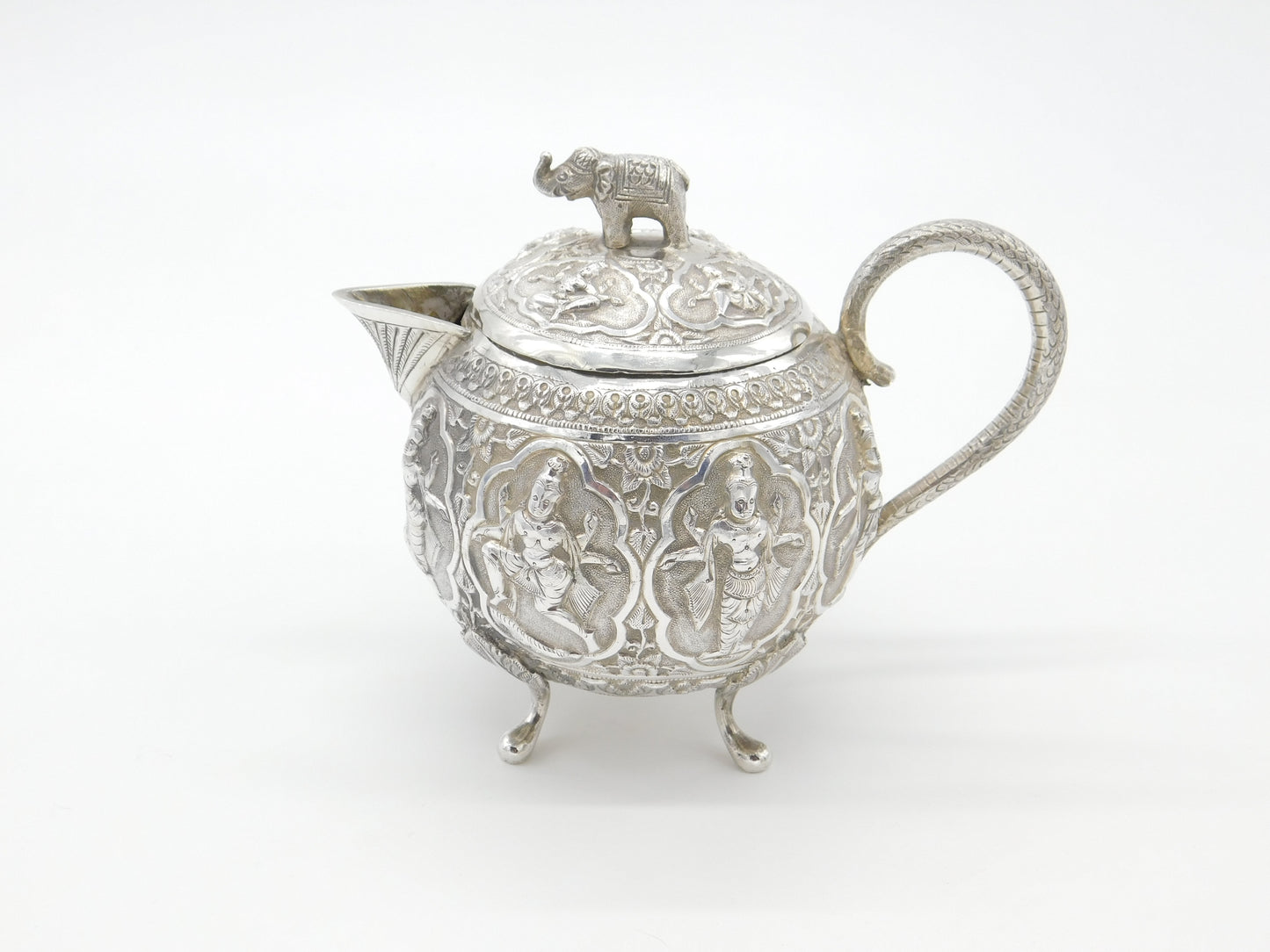 Indian Kutch Sterling Silver Elephant & God Form Bullet Teapot Antique c1880