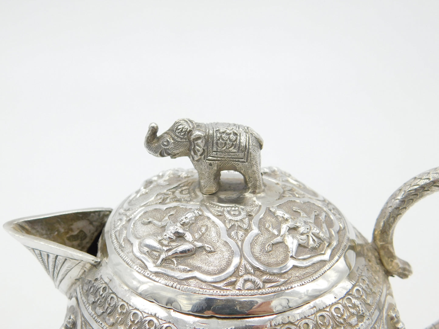 Indian Kutch Sterling Silver Elephant & God Form Bullet Teapot Antique c1880