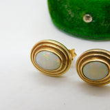 9ct Yellow Gold & Cabochon Opal Stud Earrings Vintage c1980 Birmingham