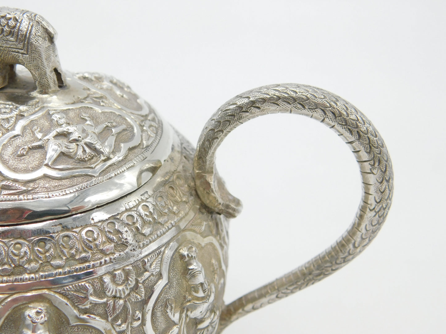 Indian Kutch Sterling Silver Elephant & God Form Bullet Teapot Antique c1880