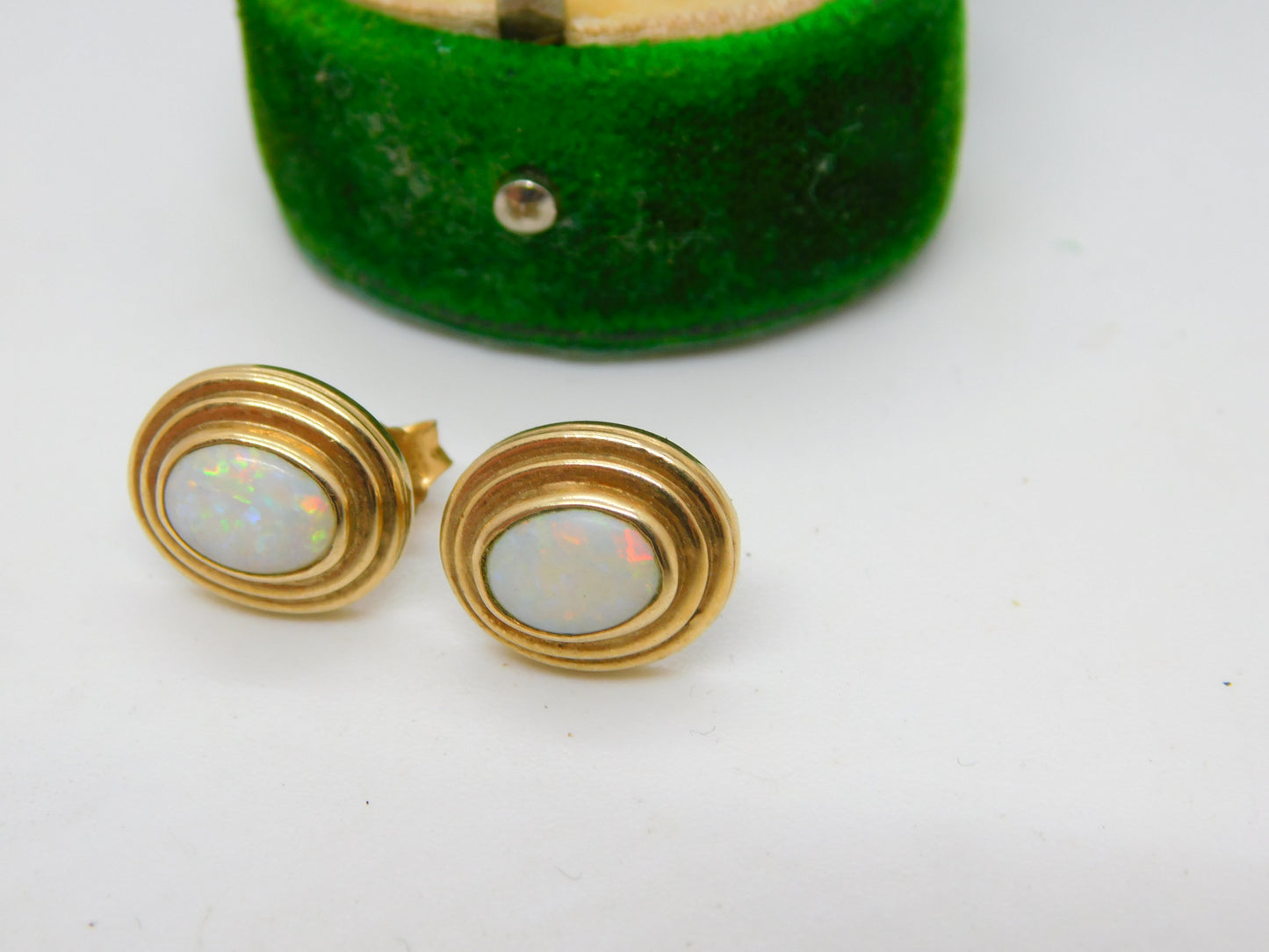 9ct Yellow Gold & Cabochon Opal Stud Earrings Vintage c1980 Birmingham