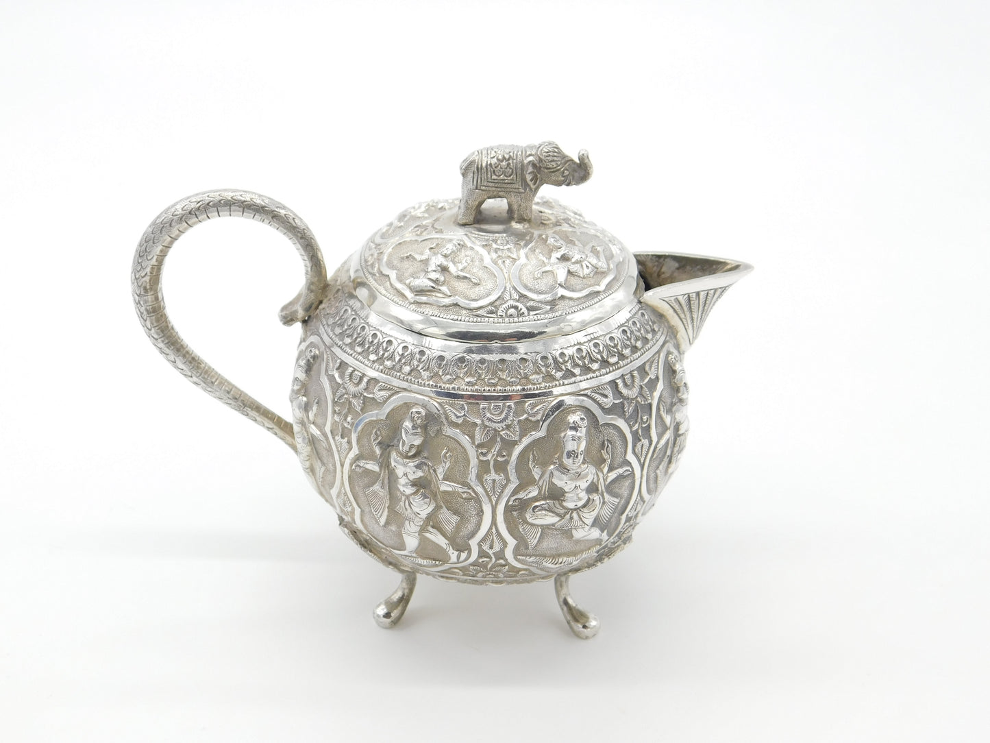 Indian Kutch Sterling Silver Elephant & God Form Bullet Teapot Antique c1880