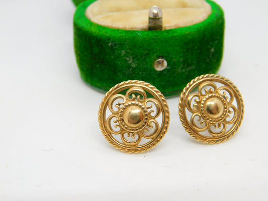 9ct Yellow Gold Floral Pattern Stud Earrings Vintage c1980 London