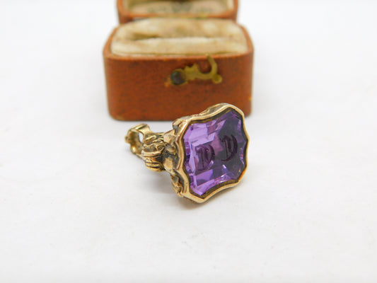 Victorian 9ct Gold Carved Amethyst 'C.C' Initial Intaglio Seal Fob c1860 Antique