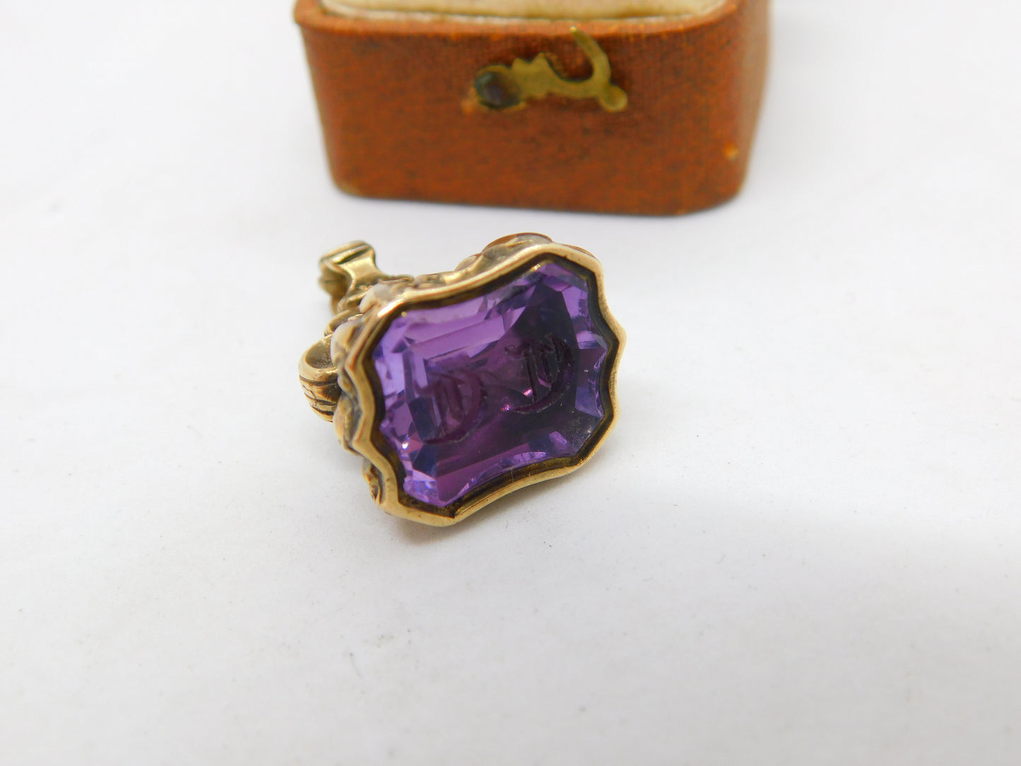 Victorian 9ct Gold Carved Amethyst 'C.C' Initial Intaglio Seal Fob c1860 Antique