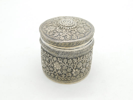 19th Century Indian Sterling Silver Floral Trinket Pot Antique c1860 Kutch