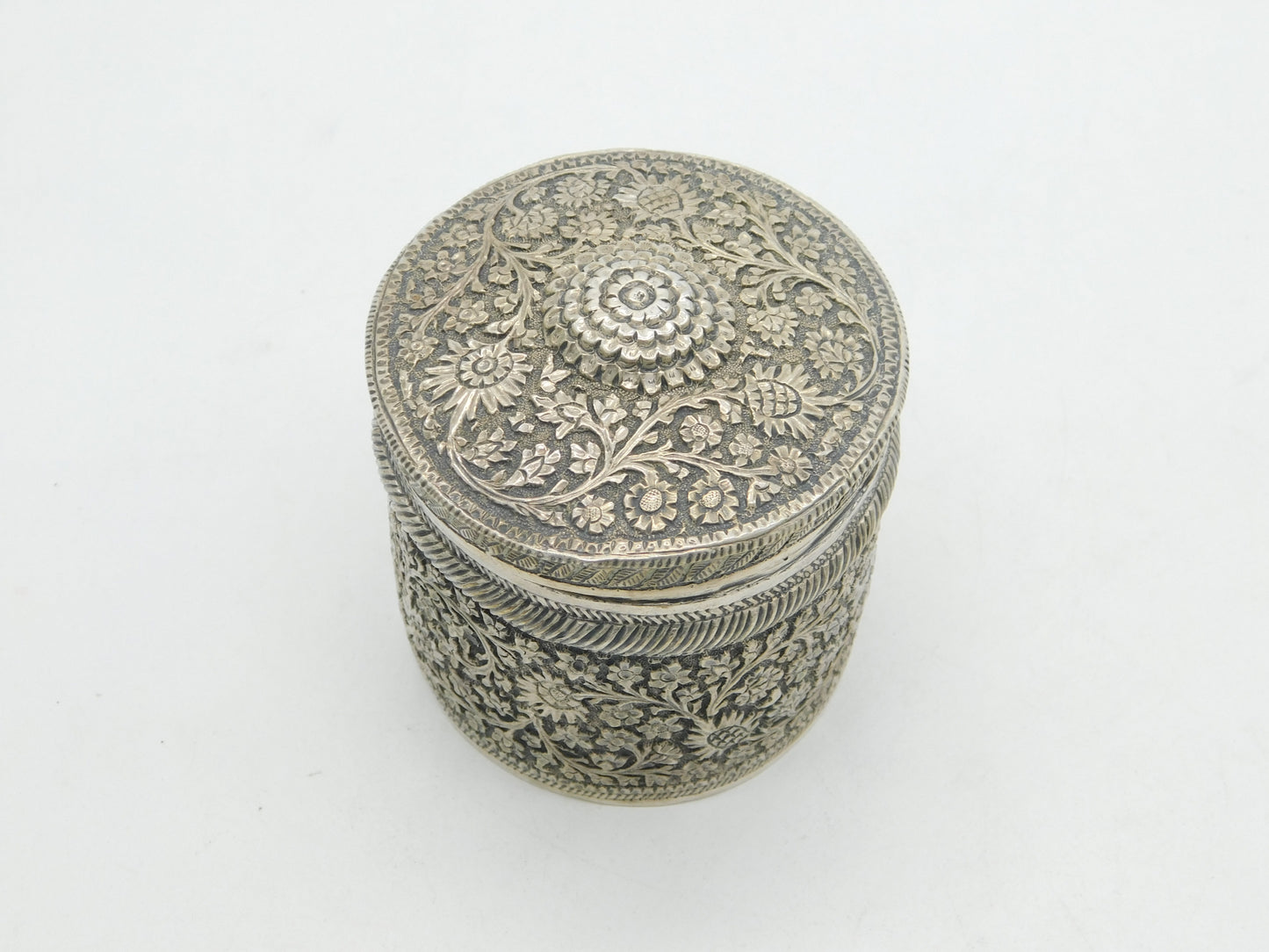 19th Century Indian Sterling Silver Floral Trinket Pot Antique c1860 Kutch