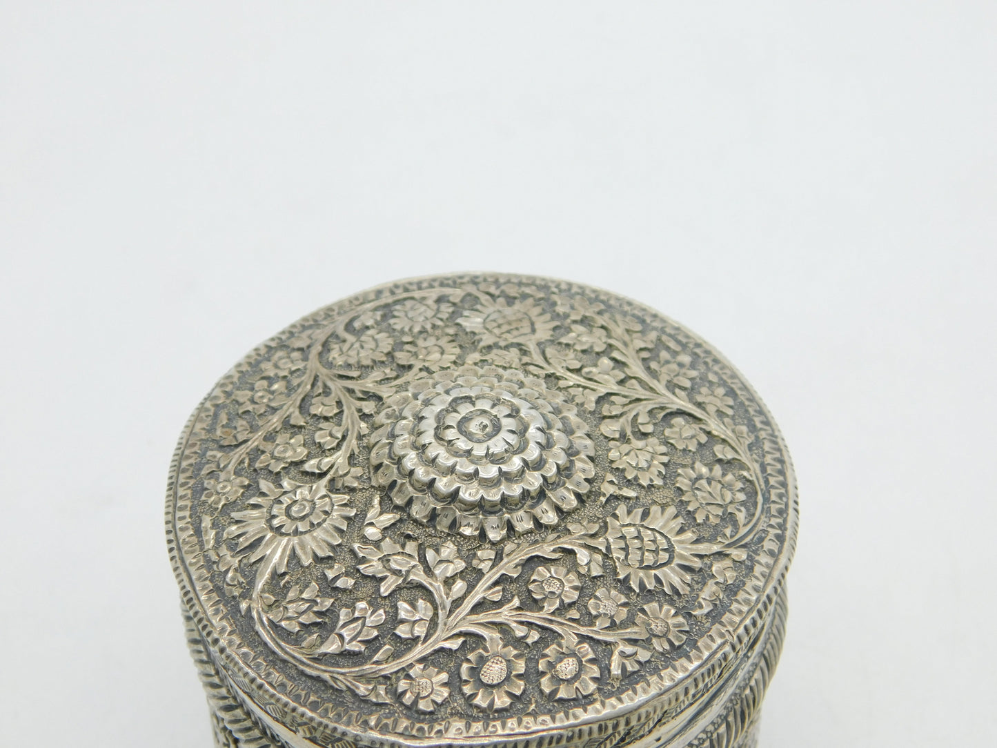 19th Century Indian Sterling Silver Floral Trinket Pot Antique c1860 Kutch