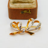 9ct Yellow Gold Rose Cut Diamond Bow Brooch Pin Vintage 1986 London