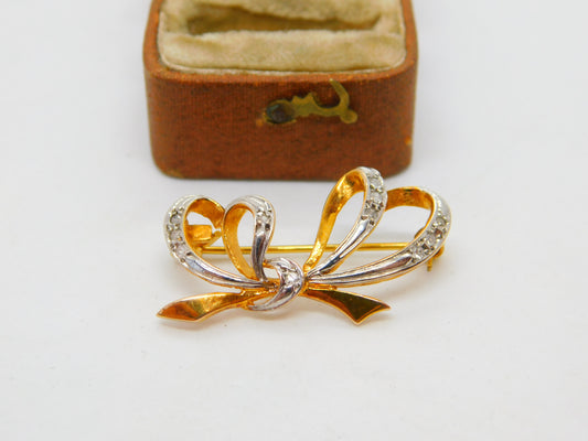 9ct Yellow Gold Rose Cut Diamond Bow Brooch Pin Vintage 1986 London