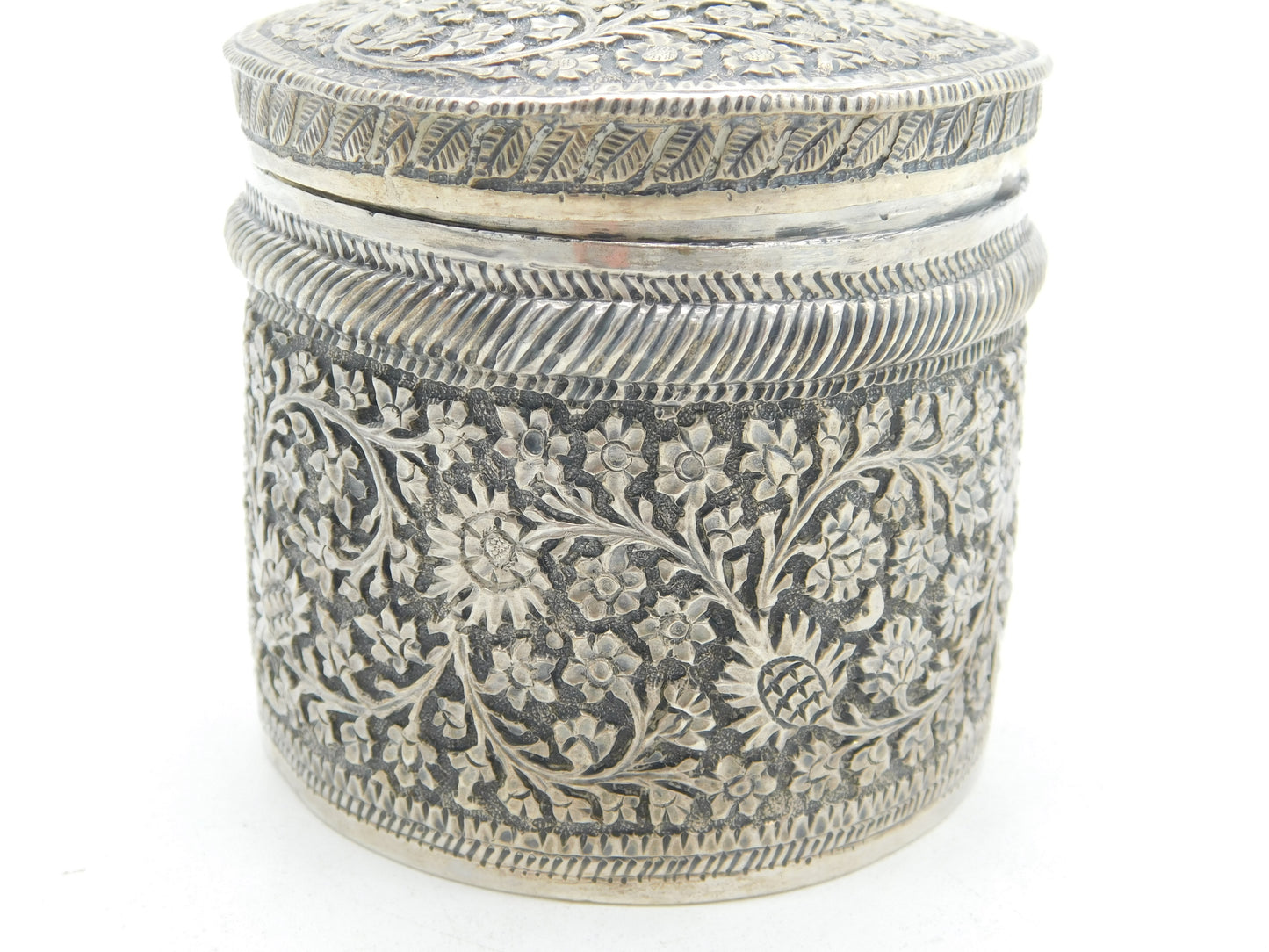 19th Century Indian Sterling Silver Floral Trinket Pot Antique c1860 Kutch