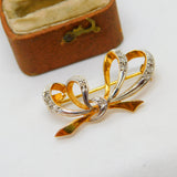 9ct Yellow Gold Rose Cut Diamond Bow Brooch Pin Vintage 1986 London