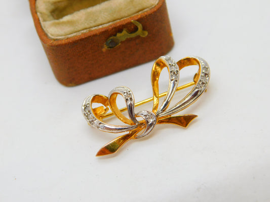 9ct Yellow Gold Rose Cut Diamond Bow Brooch Pin Vintage 1986 London