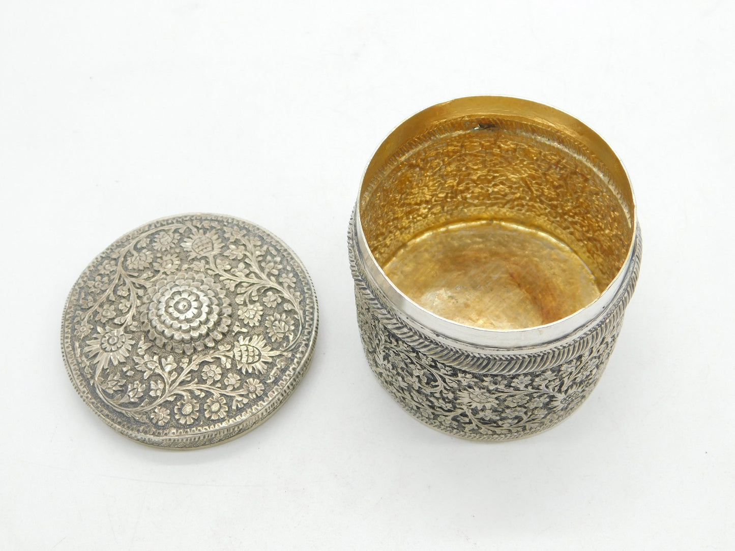 19th Century Indian Sterling Silver Floral Trinket Pot Antique c1860 Kutch