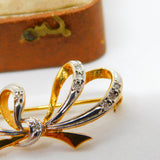9ct Yellow Gold Rose Cut Diamond Bow Brooch Pin Vintage 1986 London