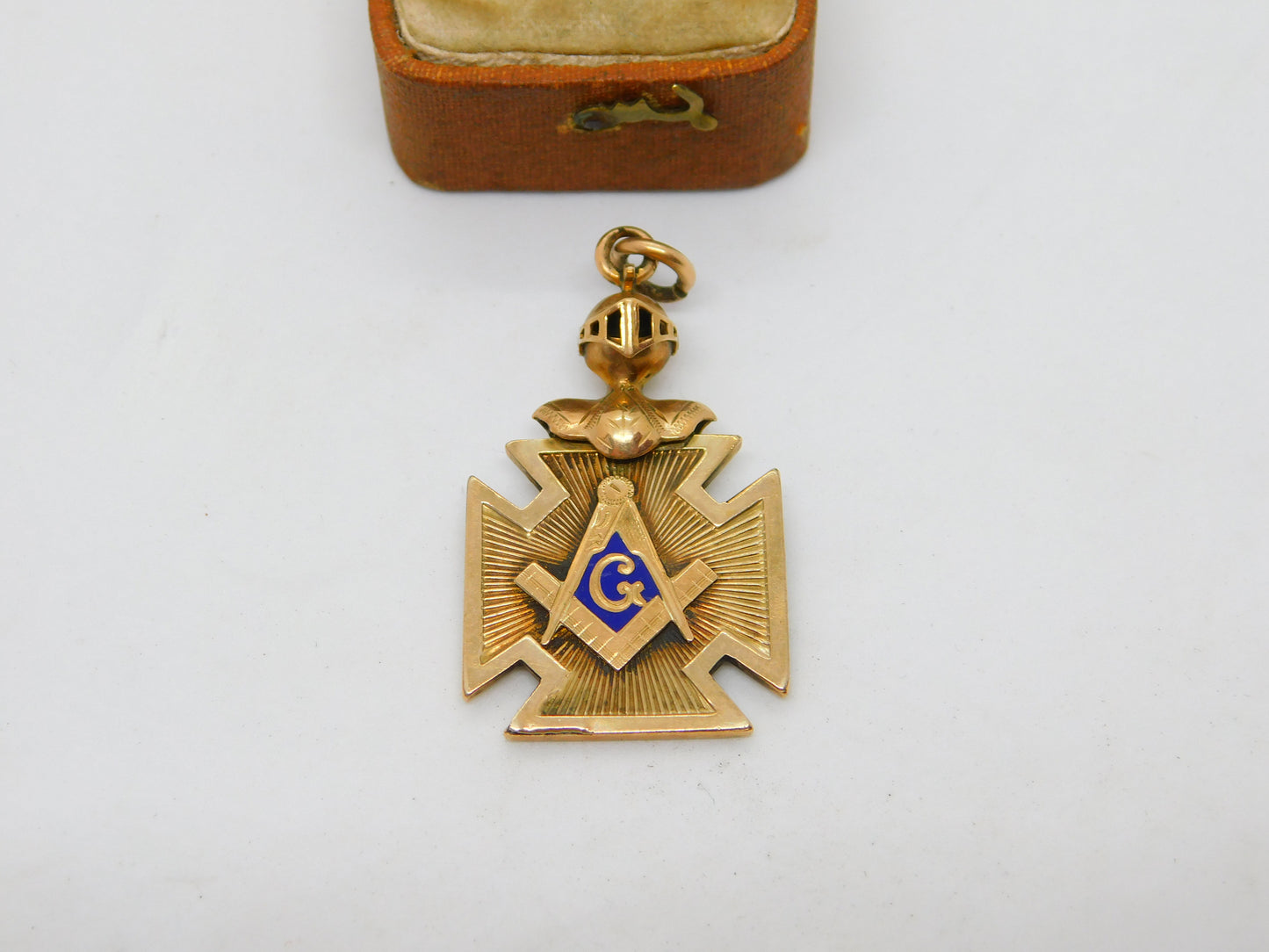 Victorian 10ct Gold, Blue Enamel Knight's Helmet Masonic Fob c1900 Antique