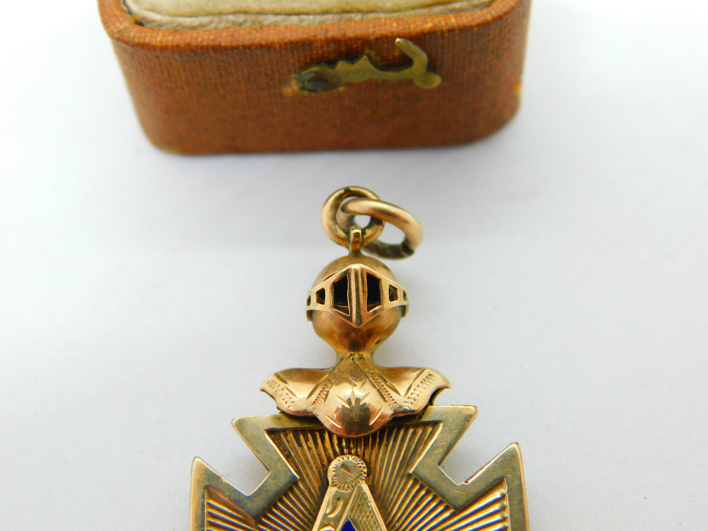 Victorian 10ct Gold, Blue Enamel Knight's Helmet Masonic Fob c1900 Antique