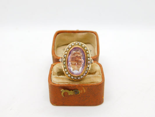 Victorian 9ct Gold, Seed Pearl & Amethyst Dress Ring Antique c1860 Size M UK