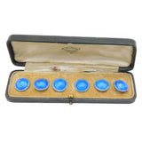 Edwardian Boxed Sterling Silver Blue Enamel Button Set Antique 1910 Birmingham