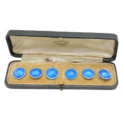 Edwardian Boxed Sterling Silver Blue Enamel Button Set Antique 1910 Birmingham