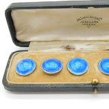 Edwardian Boxed Sterling Silver Blue Enamel Button Set Antique 1910 Birmingham