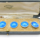 Edwardian Boxed Sterling Silver Blue Enamel Button Set Antique 1910 Birmingham
