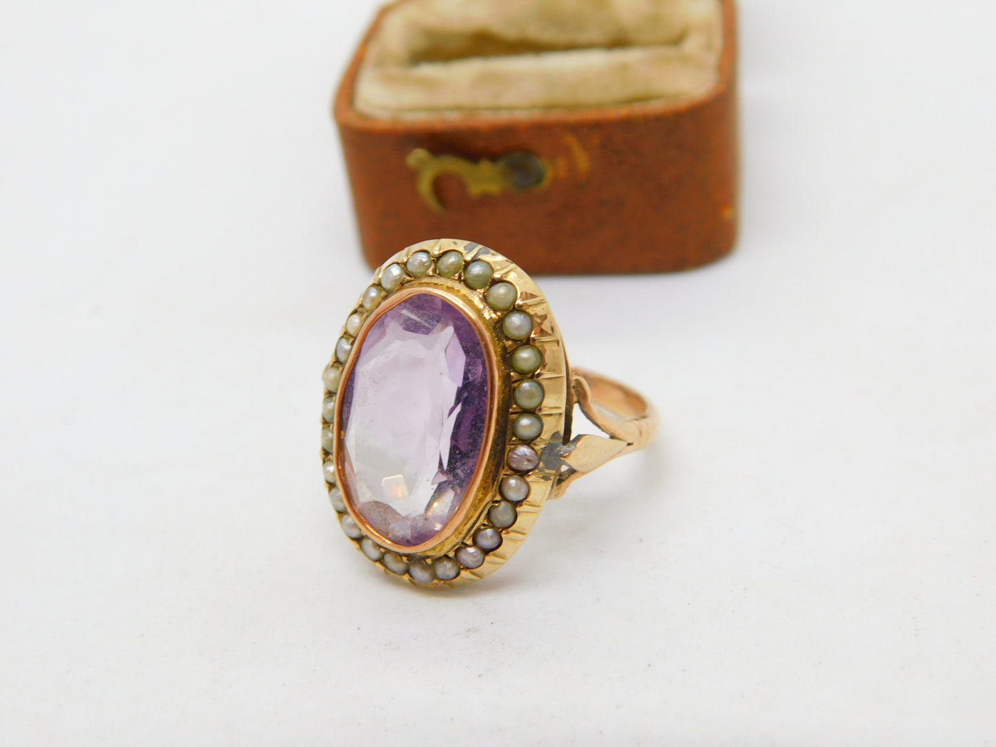 Victorian 9ct Gold, Seed Pearl & Amethyst Dress Ring Antique c1860 Size M UK