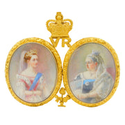 22ct Gold Mounted Queen Victoria Jubilee Portrait Watercolour Miniature Group Medallion Antique 1897
