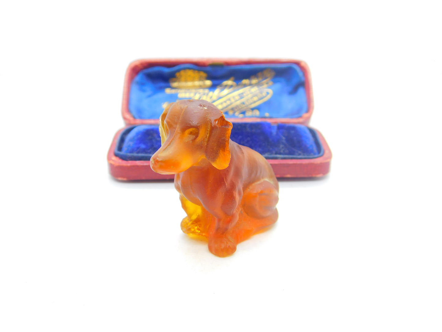 Large Czech Amber Glass Cracker Charm in Dachshund Dog Form Antique c1920