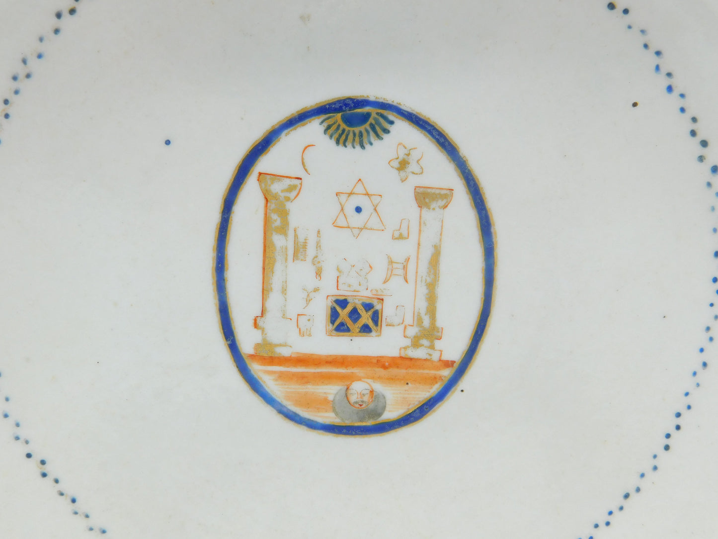 Early Chinese Masonic Hand Painted Plate or Dish with Devil Head & Symbols c1750