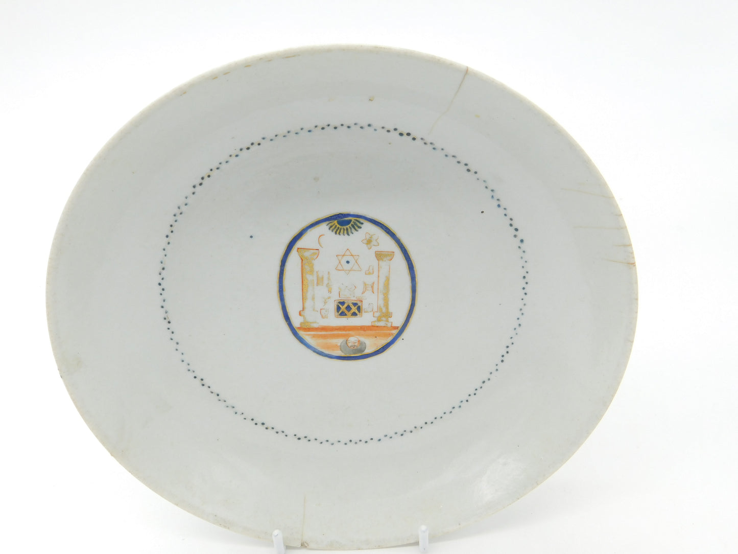 Early Chinese Masonic Hand Painted Plate or Dish with Devil Head & Symbols c1750