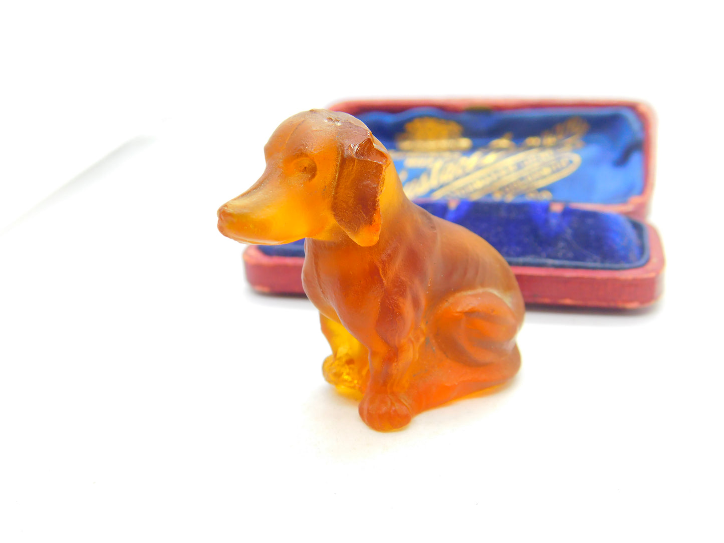 Large Czech Amber Glass Cracker Charm in Dachshund Dog Form Antique c1920