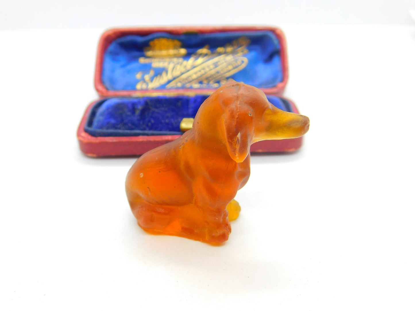 Large Czech Amber Glass Cracker Charm in Dachshund Dog Form Antique c1920