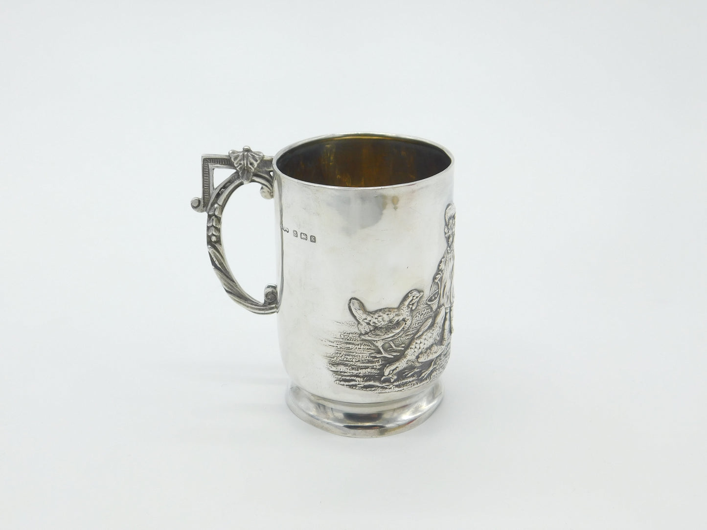 Edwardian Sterling Silver Child Feeding Chickens Tankard Mug Antique 1906