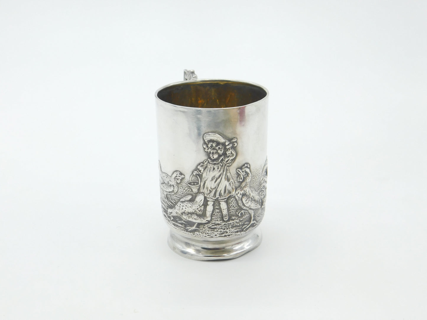 Edwardian Sterling Silver Child Feeding Chickens Tankard Mug Antique 1906