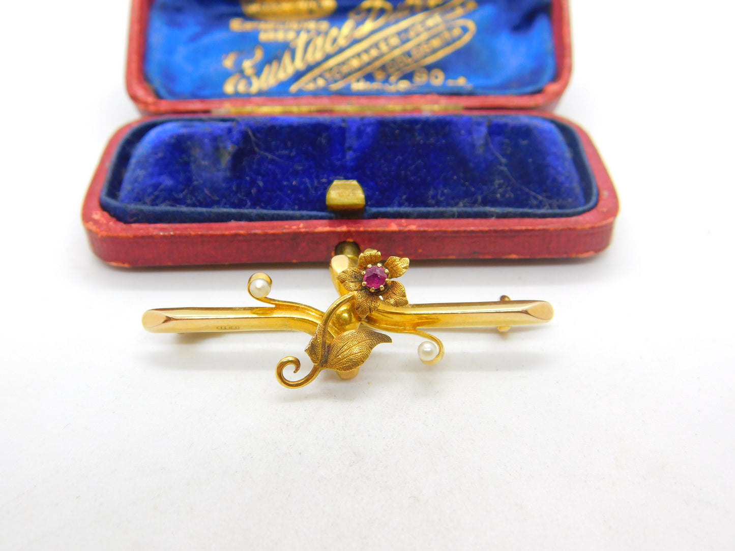 Victorian 15ct Yellow Gold, Ruby & Pearl Set Sweetheart Brooch 1881 Chester