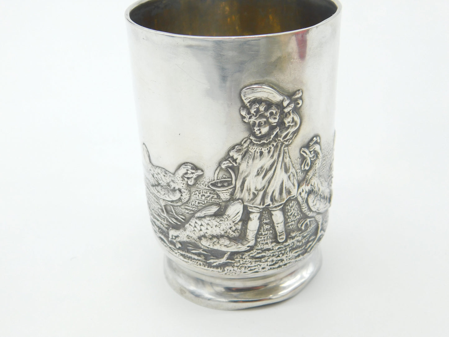 Edwardian Sterling Silver Child Feeding Chickens Tankard Mug Antique 1906