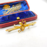 Victorian 15ct Yellow Gold, Ruby & Pearl Set Sweetheart Brooch 1881 Chester