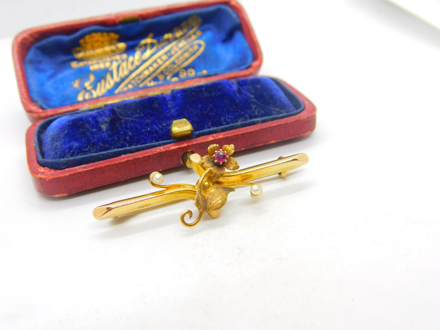 Victorian 15ct Yellow Gold, Ruby & Pearl Set Sweetheart Brooch 1881 Chester