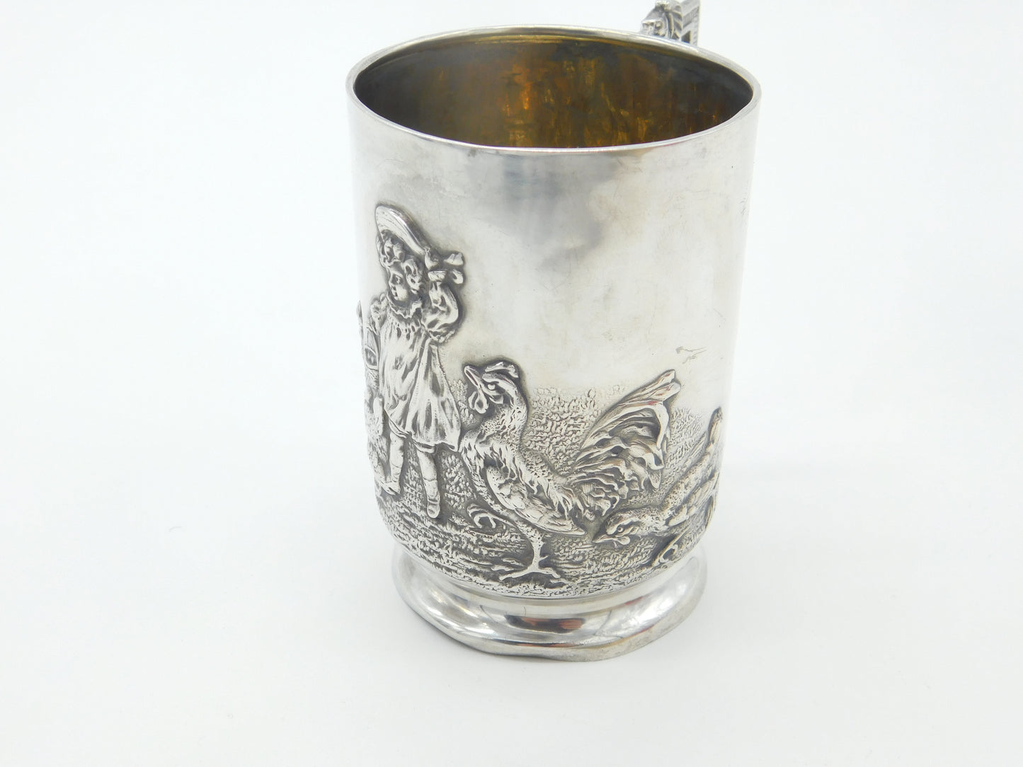 Edwardian Sterling Silver Child Feeding Chickens Tankard Mug Antique 1906