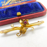 Victorian 15ct Yellow Gold, Ruby & Pearl Set Sweetheart Brooch 1881 Chester