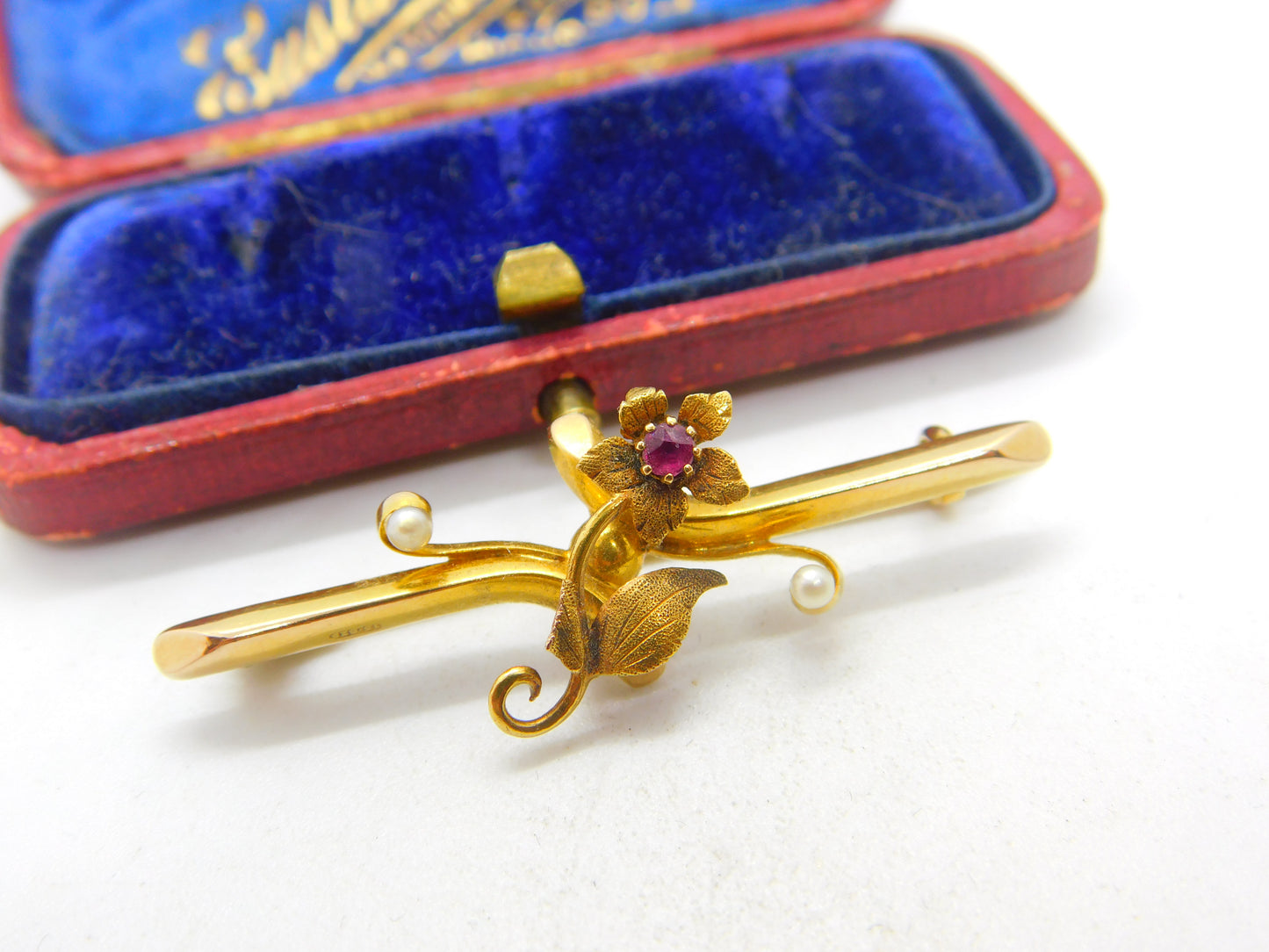 Victorian 15ct Yellow Gold, Ruby & Pearl Set Sweetheart Brooch 1881 Chester