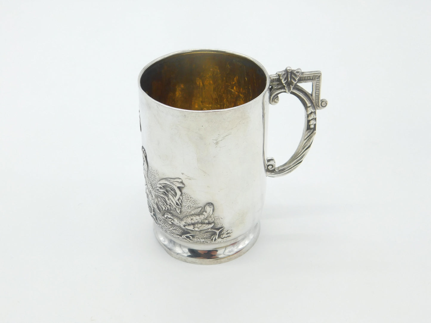 Edwardian Sterling Silver Child Feeding Chickens Tankard Mug Antique 1906