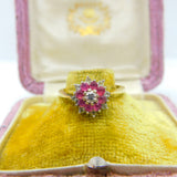 18ct Gold, Ruby & 0.2ct Diamond Floral Cluster Ring Vintage 1978 London