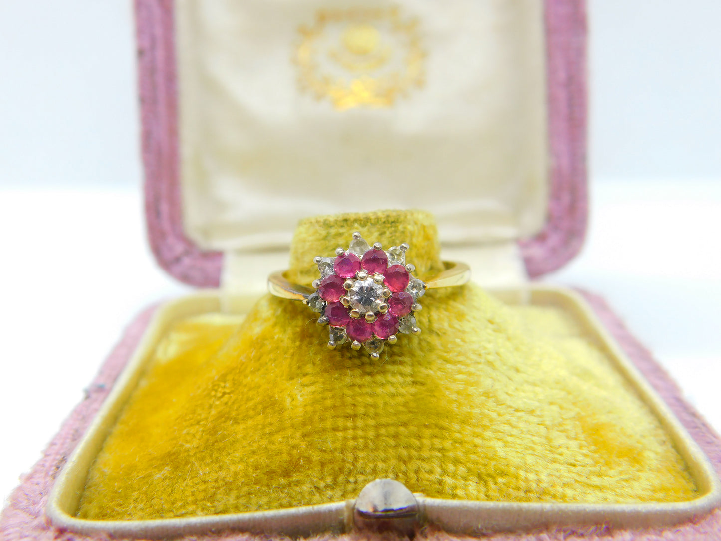 18ct Gold, Ruby & 0.2ct Diamond Floral Cluster Ring Vintage 1978 London