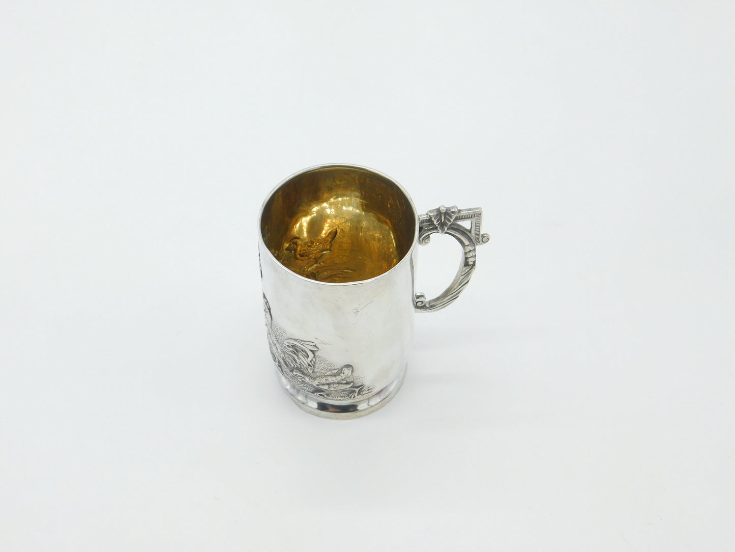 Edwardian Sterling Silver Child Feeding Chickens Tankard Mug Antique 1906