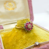 18ct Gold, Ruby & 0.2ct Diamond Floral Cluster Ring Vintage 1978 London